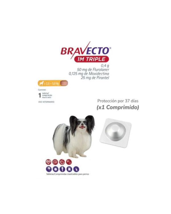 bravecto 1m triple 2.5 a 5kg x 1 tab (50mg) – antipulgas perros